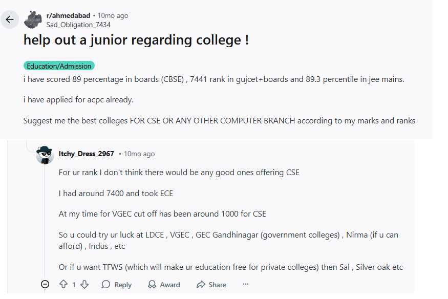 Reddit Discussion on BTECH admission through GUJCET