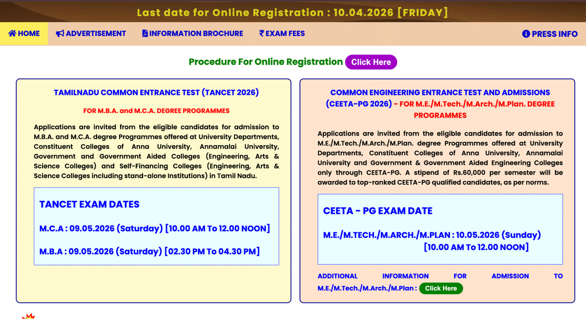 TANCET 2026 Exam Date