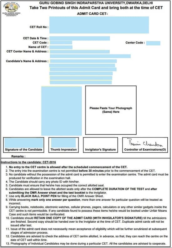 Sample Image of IPU CET Admit Card