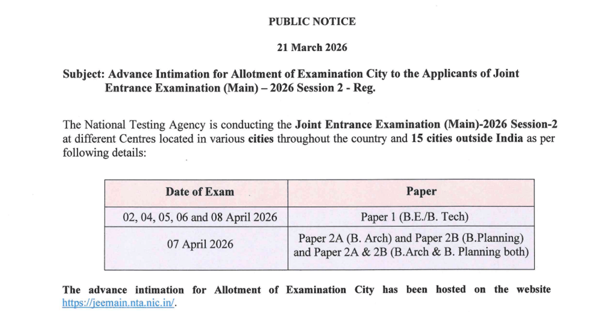 Exam Dates for JEE Main 2026 Exam Shifts Session 2