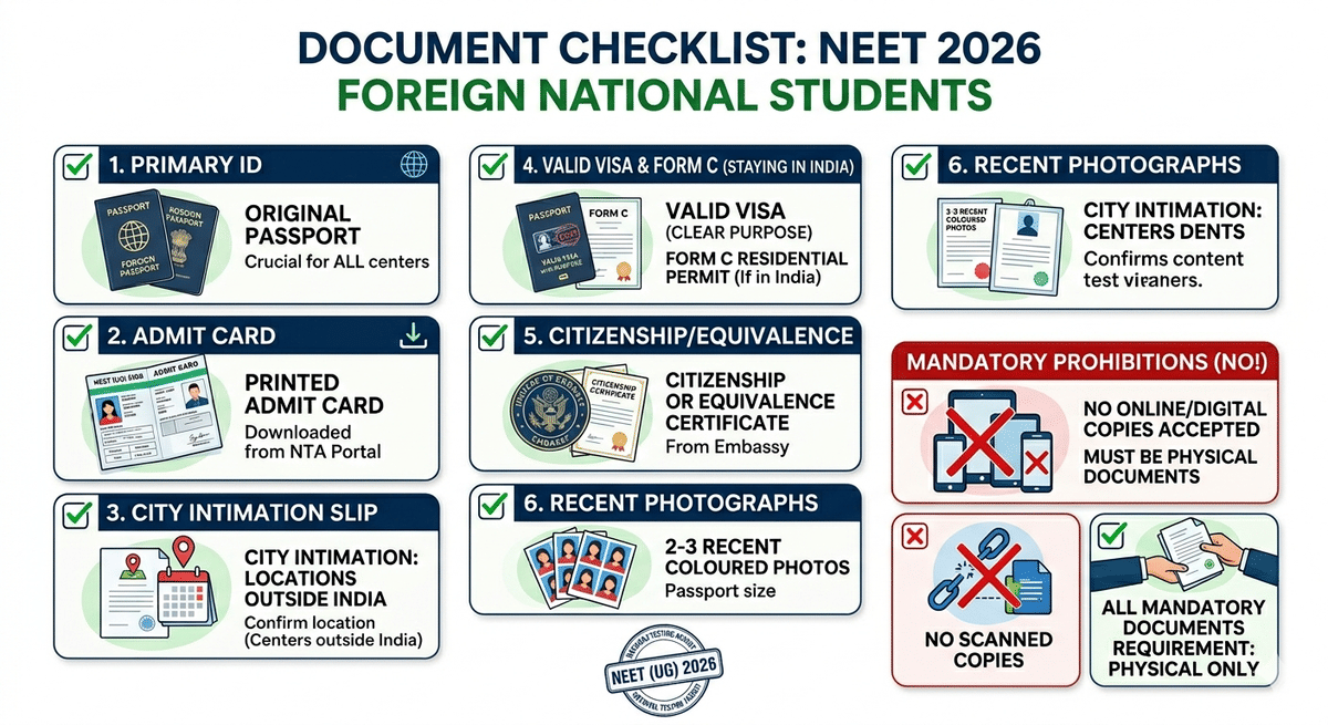 Documents to be carried by NEET 2026 Foreign National Students to the exam centre