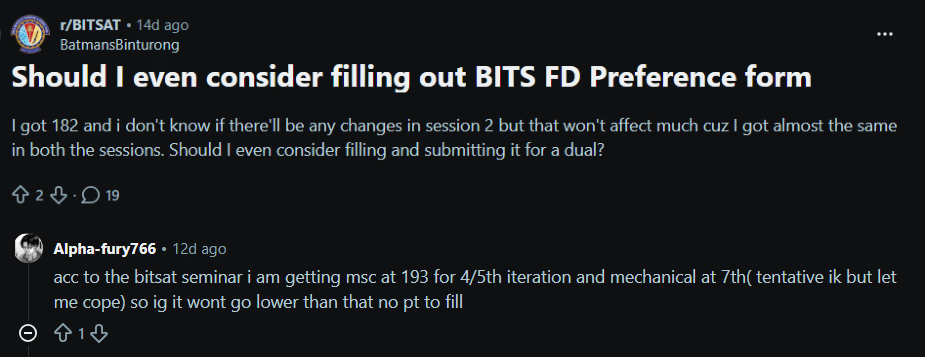 BITSAT 2026 FD Preference Form : Reddit Discussion