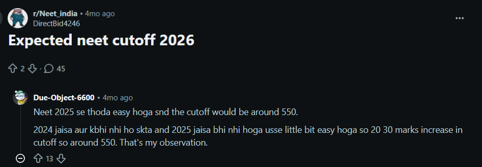 NEET 2026&nbsp;Low Score: Reddit Discussion