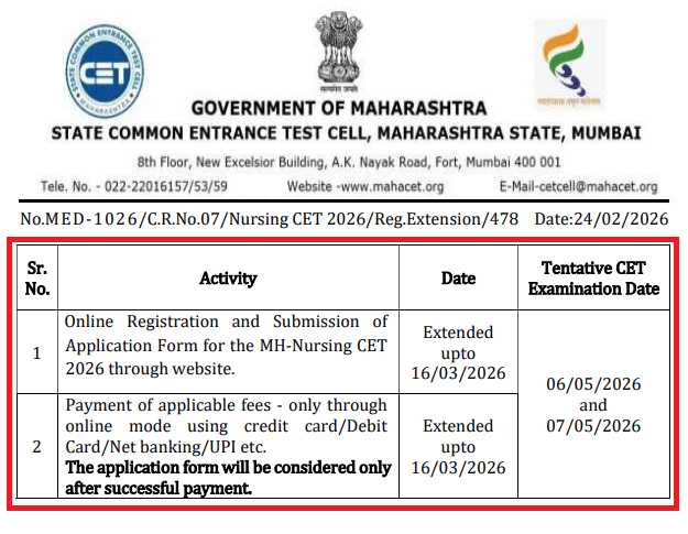 MH Nursing CET & DPN/PHN CET 2026 Revised Schedule