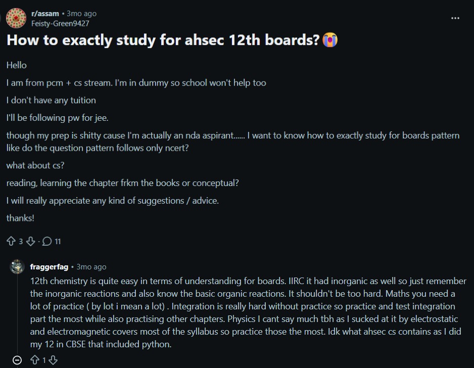 AHSEC Class 12 Compartment 2026 Reddit Discussion