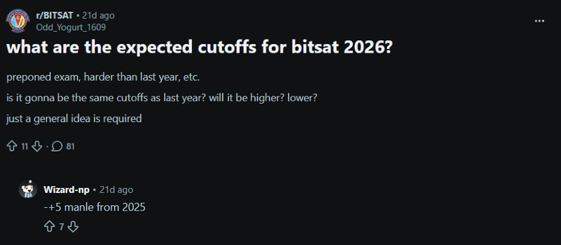 BITSAT 2026 Expected Cutoff : Reddit Discussion
