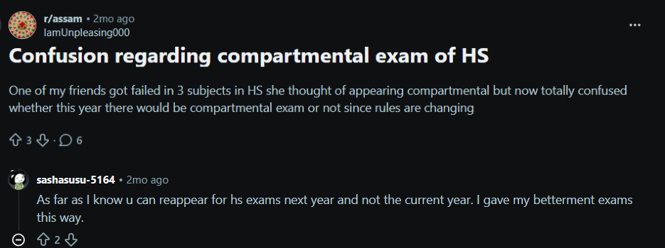 AHSEC Class 12 Compartment : Reddit Discussion