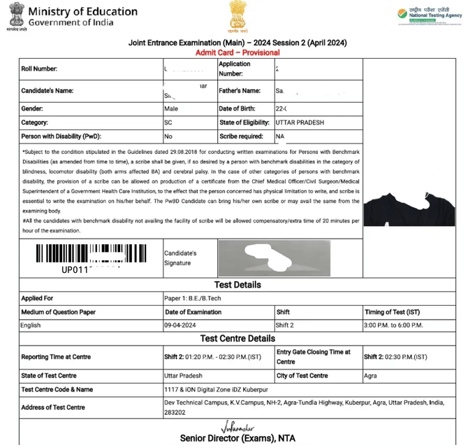 JEE Mains admit card