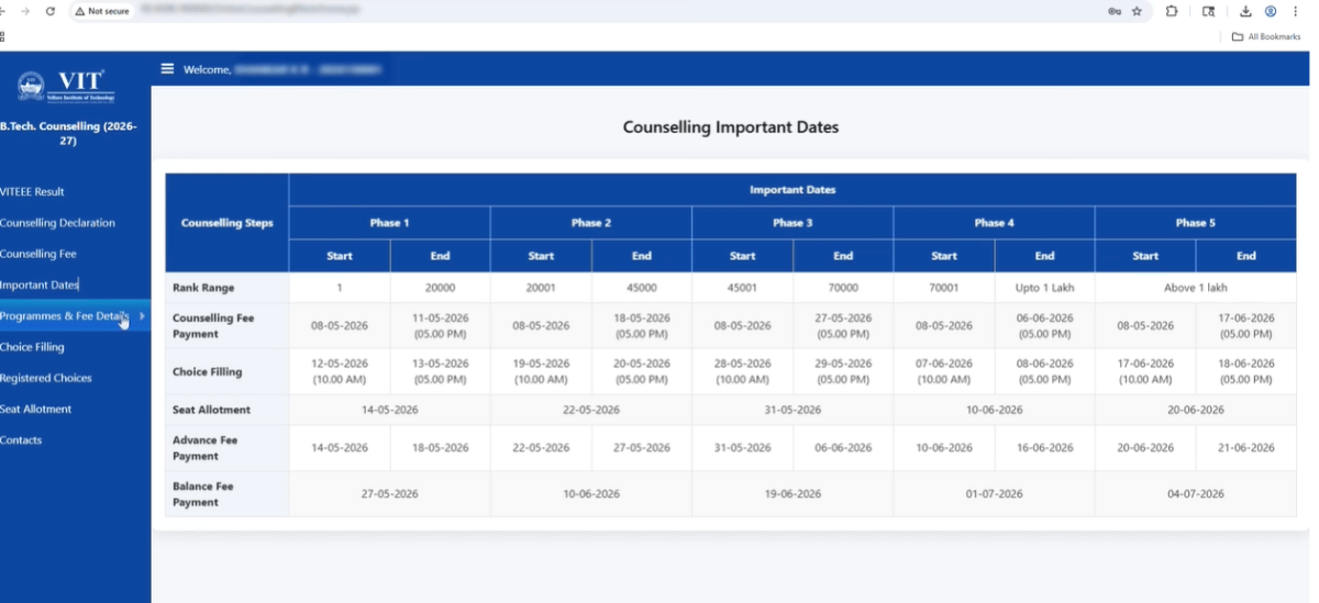 VITEEE Counselling 2026: Phase-wise Schedule