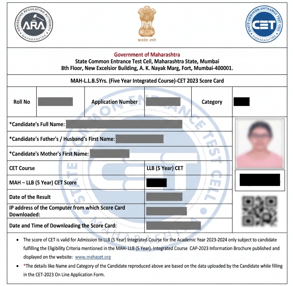 sample MH CET Law score