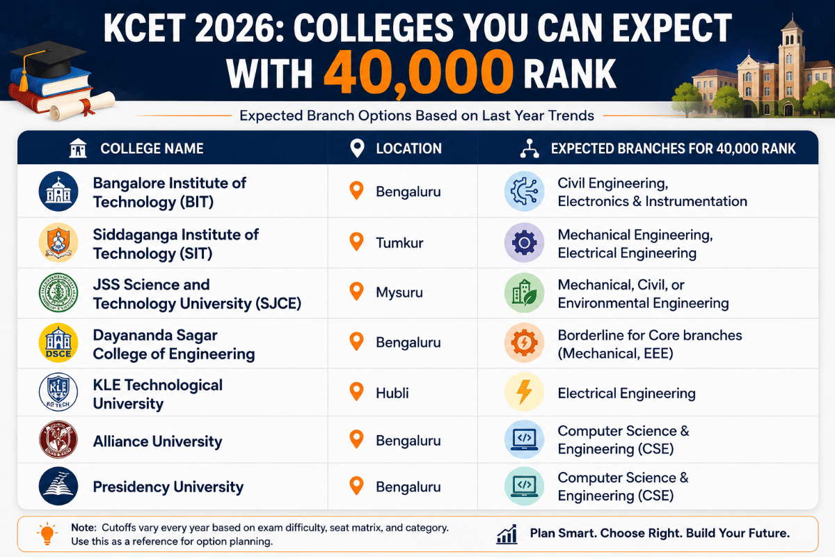 KCET 2026 Expected College Options at 40,000 Rank