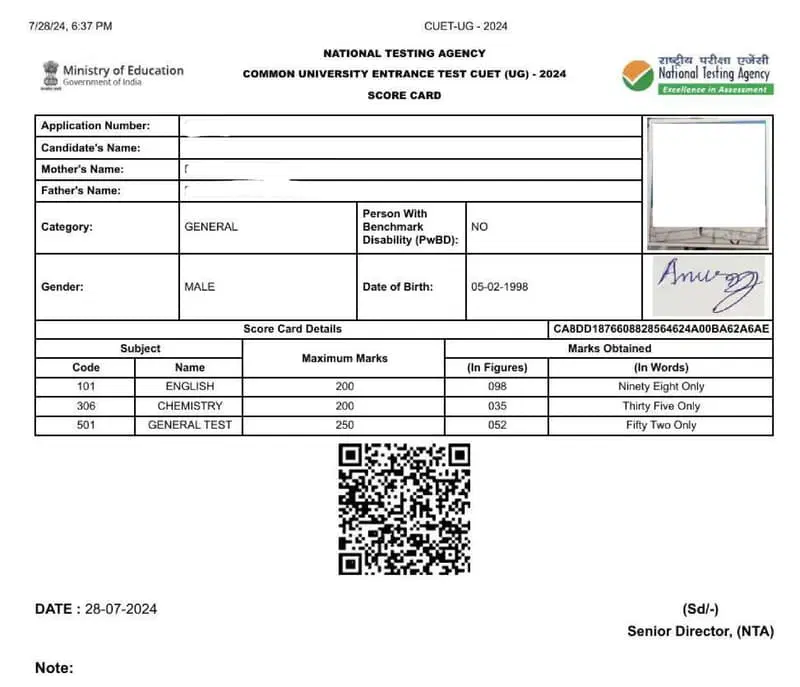 CUET UG Scorecard