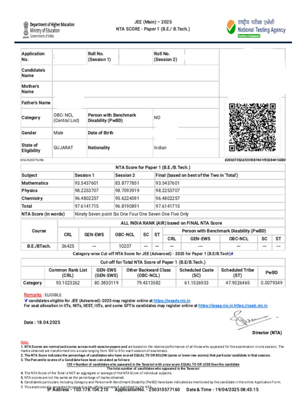 Sample JEE Main Scorecard