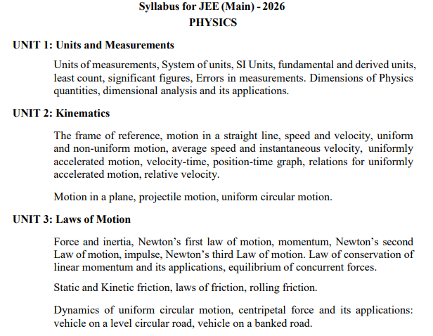 Class 11 JEE Syllabus for Physics