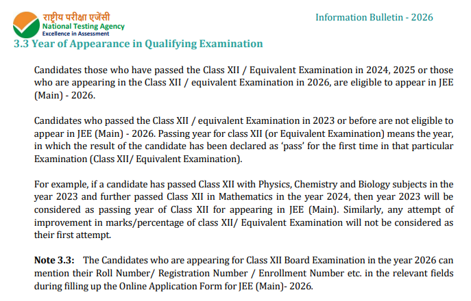 JEE Main Eligibility Criteria: Year of Passing Class 12