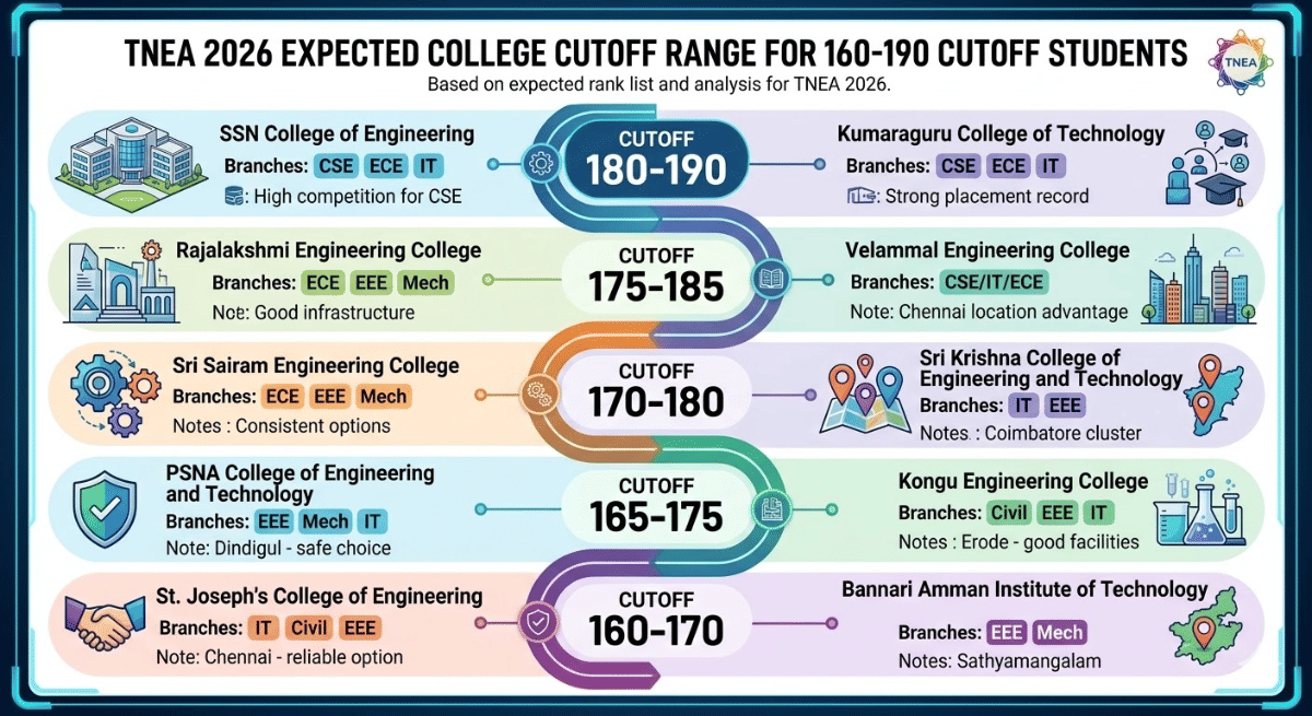 TNEA 2026 Rank List for 160-190 Cutoff Students: Expected Colleges