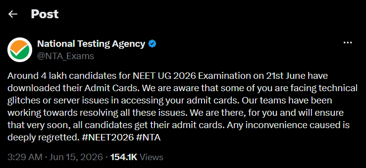 Re NEET Admit Card Problems 2026