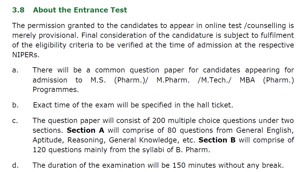 NIPER JEE Exam Pattern 2027 for Masters Programs