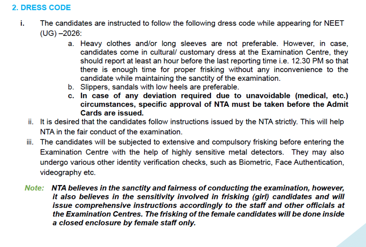 What NTA Says About the Dress Code for NEET 2026?