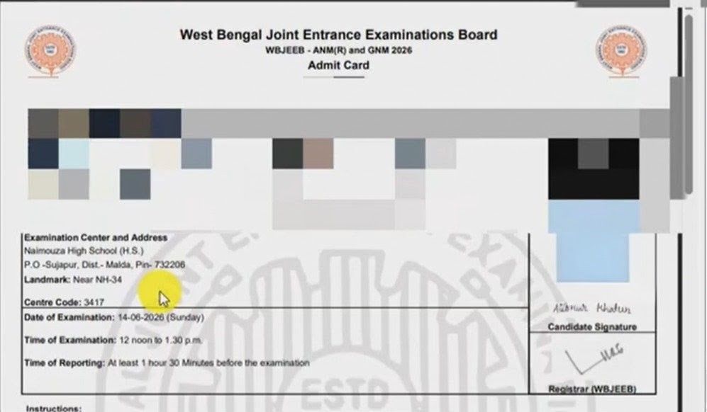Sample WBJEE ANM GNM Admit Card