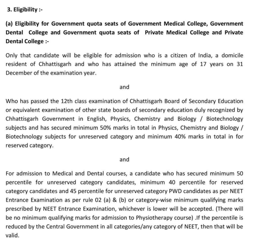Eligibility Criteria for Chhattisgarh NEET UG Counselling 2026