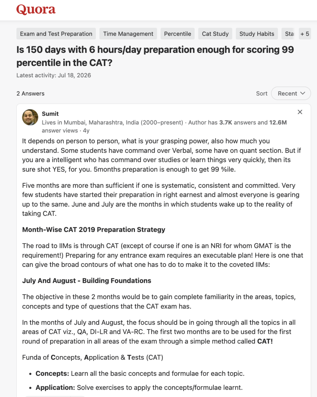 Score 99 Percentile in CAT 2026 with 150 Days of Preparation: Quora Discussion