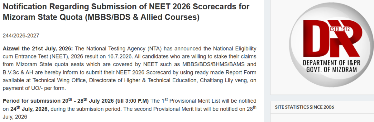 Mizoram NEET Counselling Schedule 2026