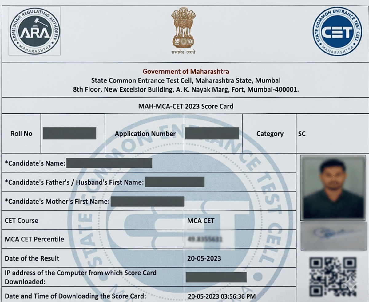 A sample MAH MCA CET scorecard