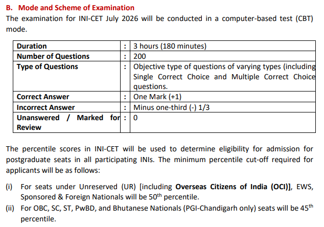 INI CET Marking Scheme 2027