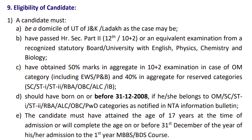 Eligibility Criteria for J&K NEET Counselling 2026