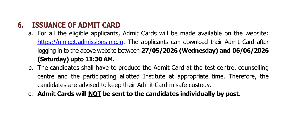 NIMCET 2027 Admit Card Release Date