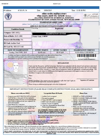 AIIMS BSc Nursing Admit Card Sample Image