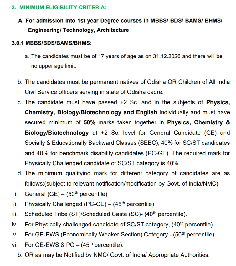 Odisha NEET Counselling 2026 Eligibility Criteria