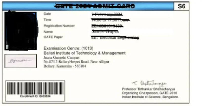 GATE Admit Card Sample 