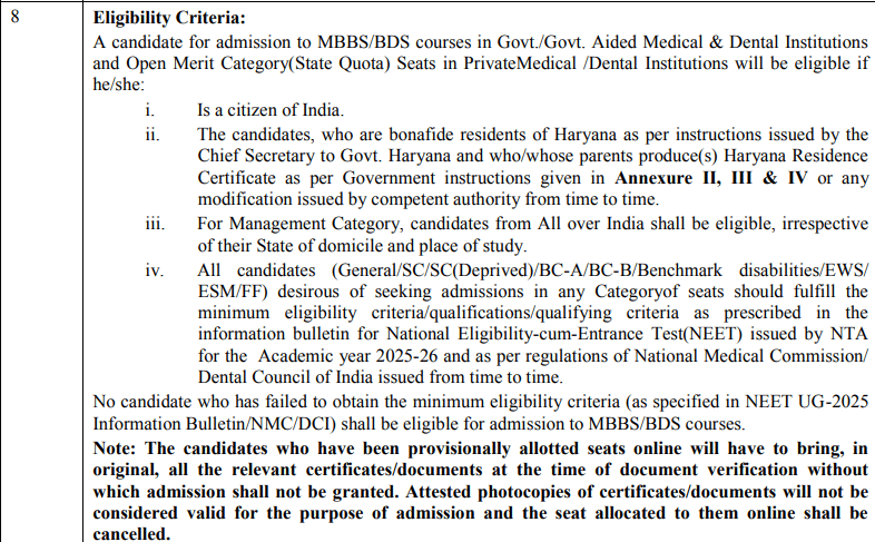 Haryana NEET UG 2026 Counselling - Eligibility Criteria