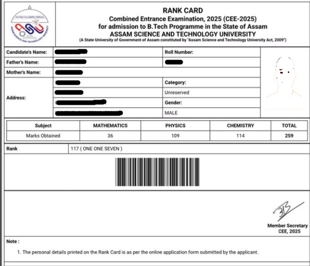 Details on Assam CEE Rank Card