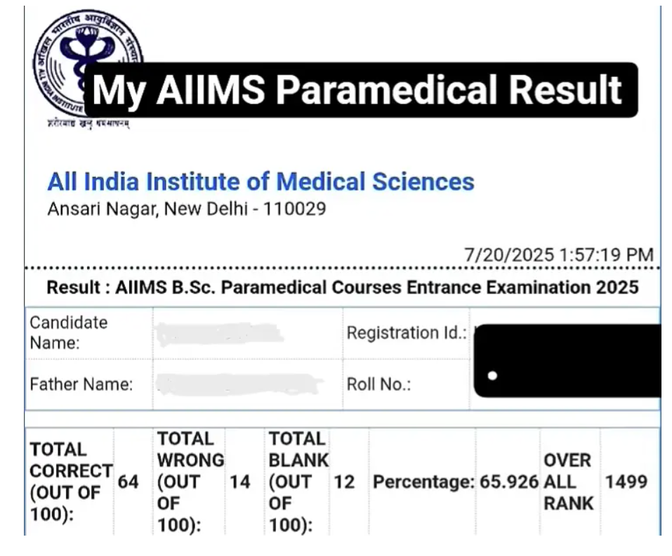 AIIMS Paramedical Scorecard Sample 
