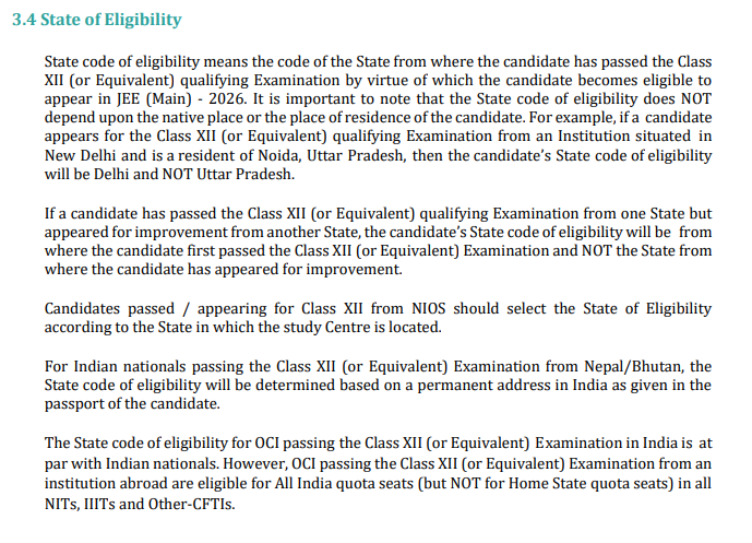 JEE Main Eligibility Criteria: State Code of Eligibility