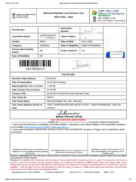 NEET Admit Card Sample