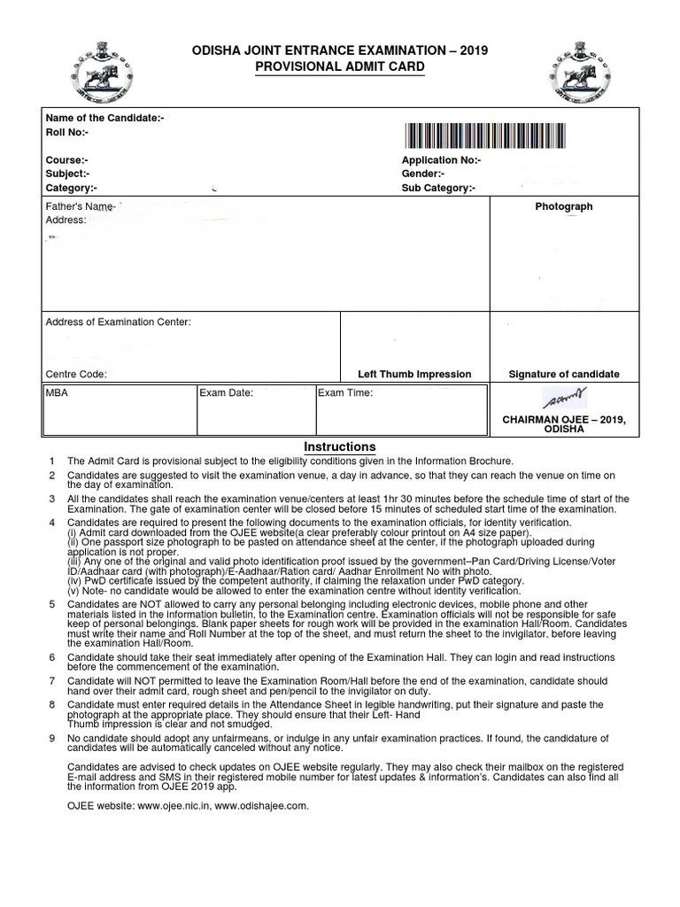 Details Mentioned on OJEE Hall Ticket 2027