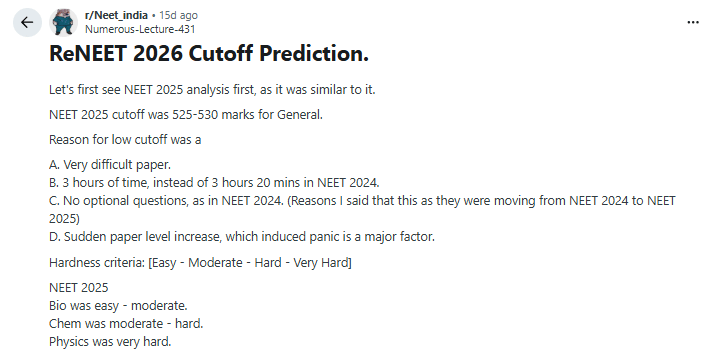 Re NEET 2026 Cutoff for Top Government Colleges — Reddit Discussion