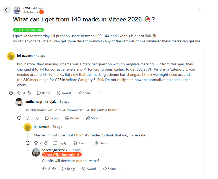100 to 400 Marks in VITEEE 2026: Branch & Campus Chances: Reddit Discussions