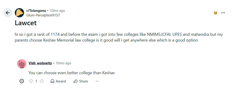 TS LAWCET 2026 Mark vs Rank College Options: Reddit Discussions