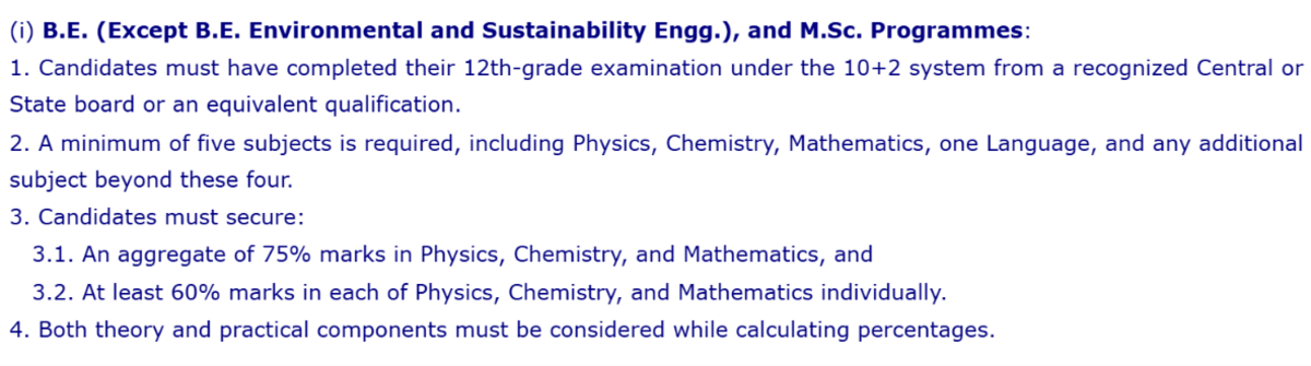 BITSAT 2027 Eligibility for BE (except BE Environmental Sustainability Engineering) and MSc Courses