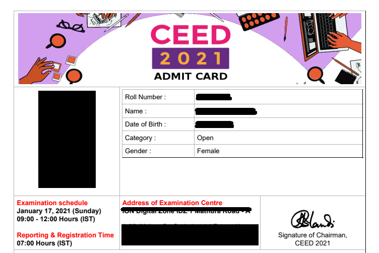 Sample Copy of CEED Admit Card 2027