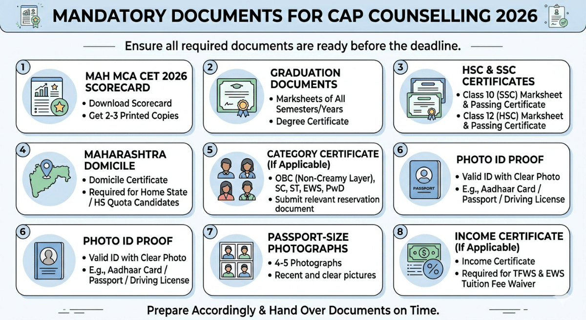 Documents Required for MAH MCA CET 2026 CAP Counselling
