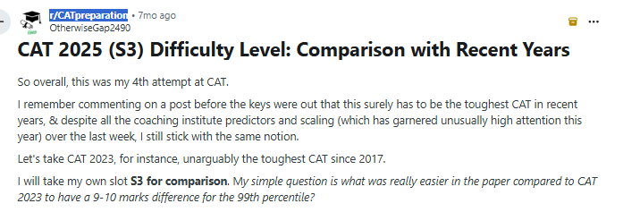 Was CAT 2025 more difficult than Previous Years? — Reddit Discussion