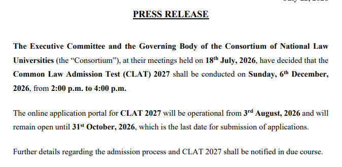 CLAT PG 2027 registration starts on August 3, 2026, with the last date to apply on October 31, 2026. Exam date: December 6, 2026. LL.B. graduates and final-year students can apply with a minimum 50% marks (45% for SC/ST). No age or attempt limit. Application fee: ₹4,000 (General/OBC/EWS) and ₹3,500 (SC/ST/BPL/PwD). Upload required documents carefully and verify details before final submission to avoid errors.