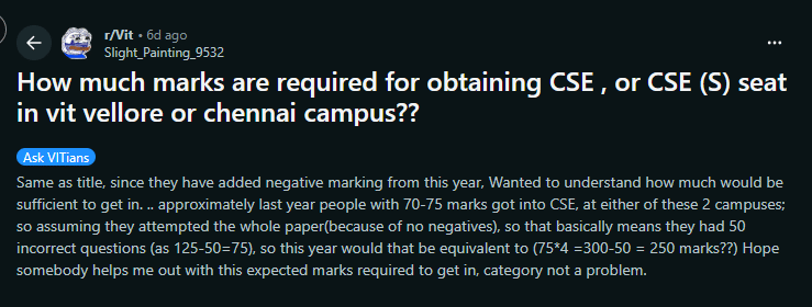 Reddit Discussion on VITEEE 2026 Expected Marks for CSE 