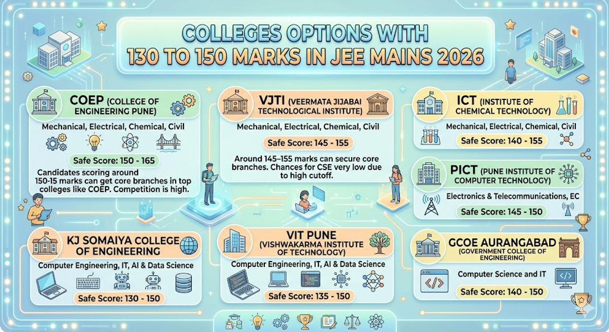 Colleges Option with 130 to 150 Marks in JEE Mains 2026